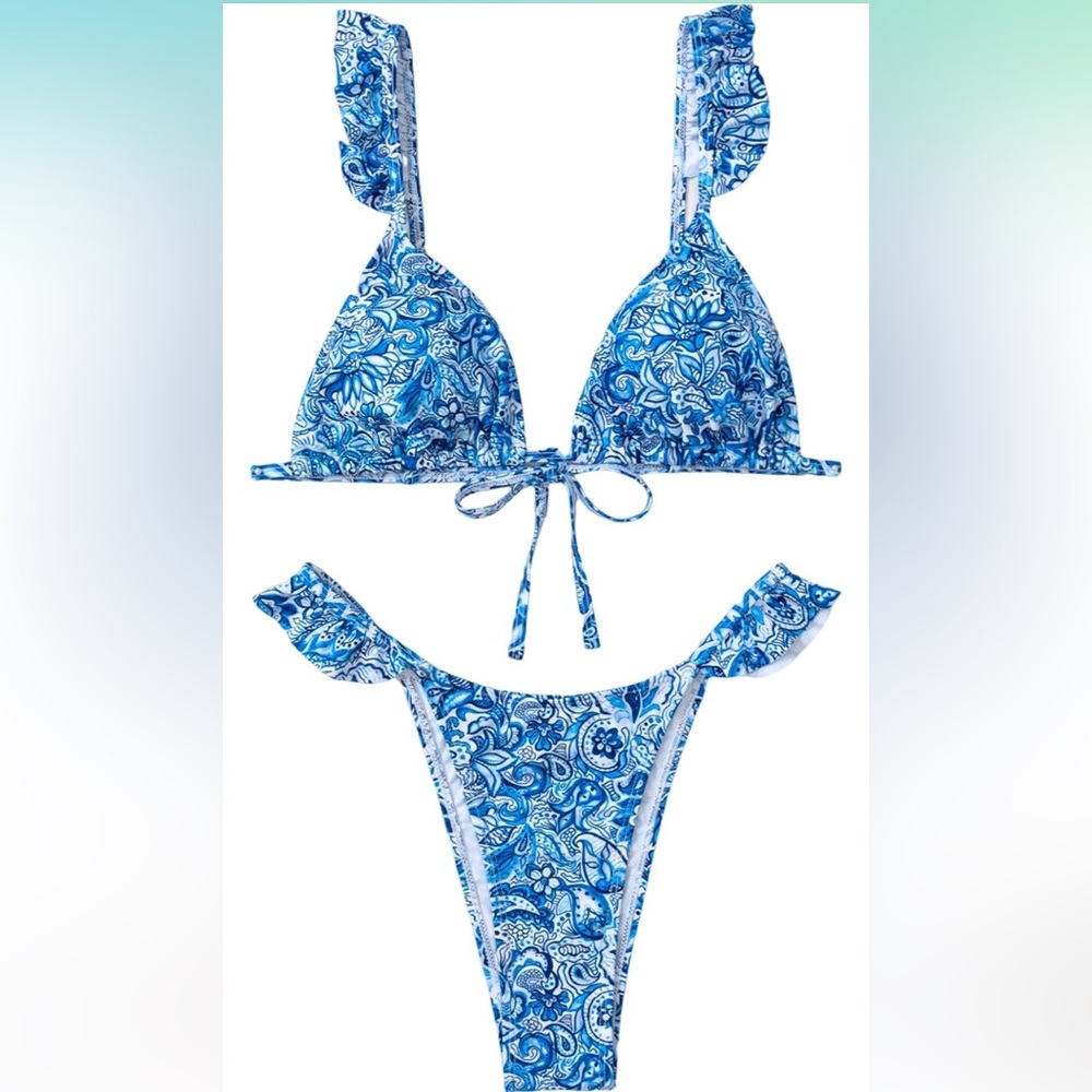 Paisley printed, ruffled bikini set